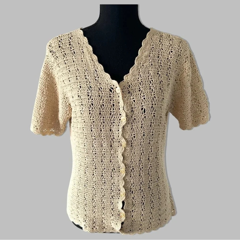 Vintage Laura Petites Crochet Knit Short Sleeve Cardigan Made  in Korea